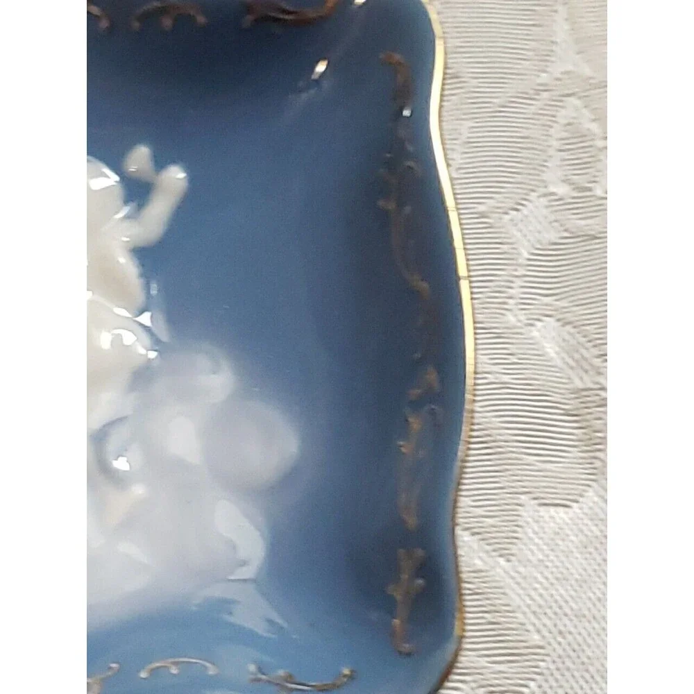 Ardalt Trinket Dish Blue White Cherubs Clouds Angels Gold Trim Japan Vintage